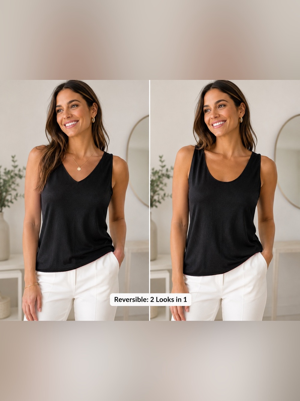 Lemonwood Silk Cashmere Tank Top Women’s L Black Reversible Scoop V Neck